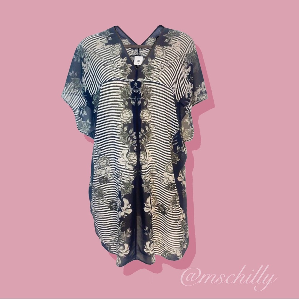 Cabi Navy Blue Yacht Tunic Stripe Top Striped Floral Sheer 5024 Sz S